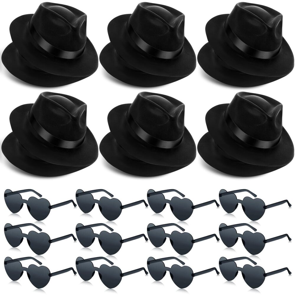 8574 12 Pieces Gangster Hat with 12 Pairs Heart Shaped Glasses, Plastic